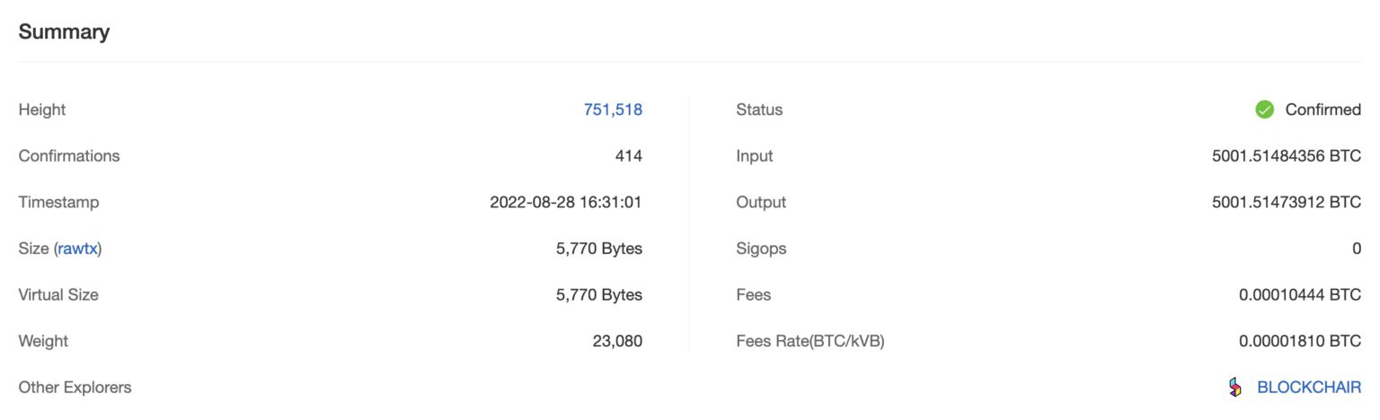 5,001.514BTC的第一笔交易于8月28日发送，并在区块高度751,518处确认