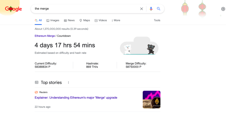 谷歌搜索提供以太坊合并倒数计时！显示距离不到5天